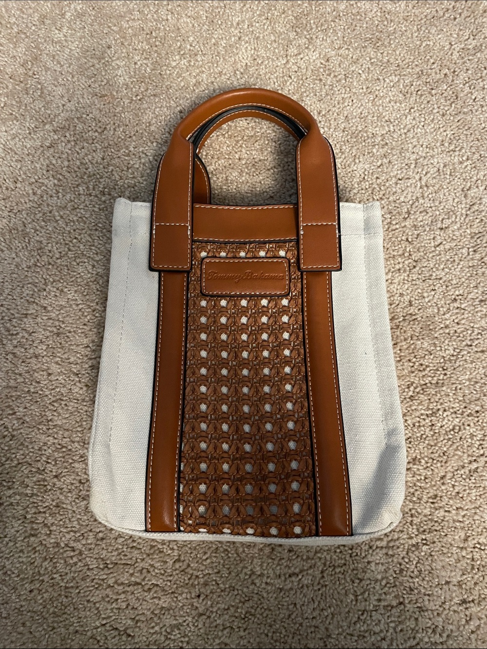 Tommy Bahama Cream Canvas Tote with Brown Leather Trim and Woven Panel